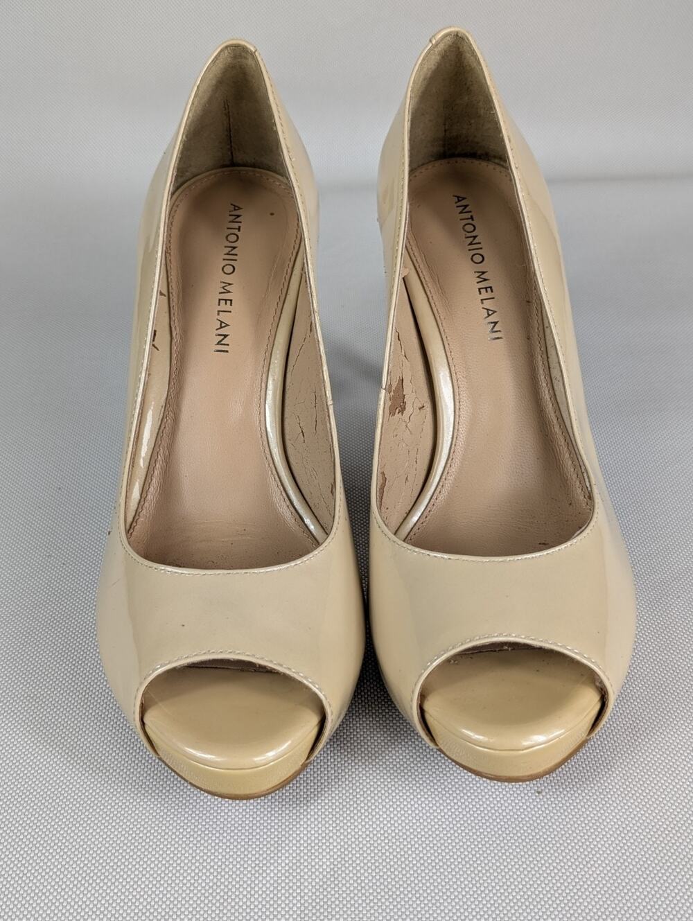 ANTONIO MELANI Peep-Toe Tan Nude Patent Leather Pumps High Heel 7.5 US